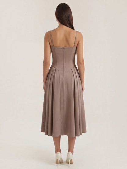 Women's Corset Midi Dress with Structured Bodice and Flowing Skirt