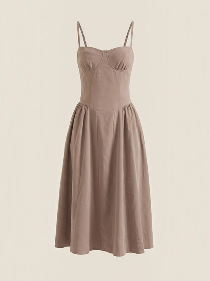 Women's Corset Midi Dress with Structured Bodice and Flowing Skirt