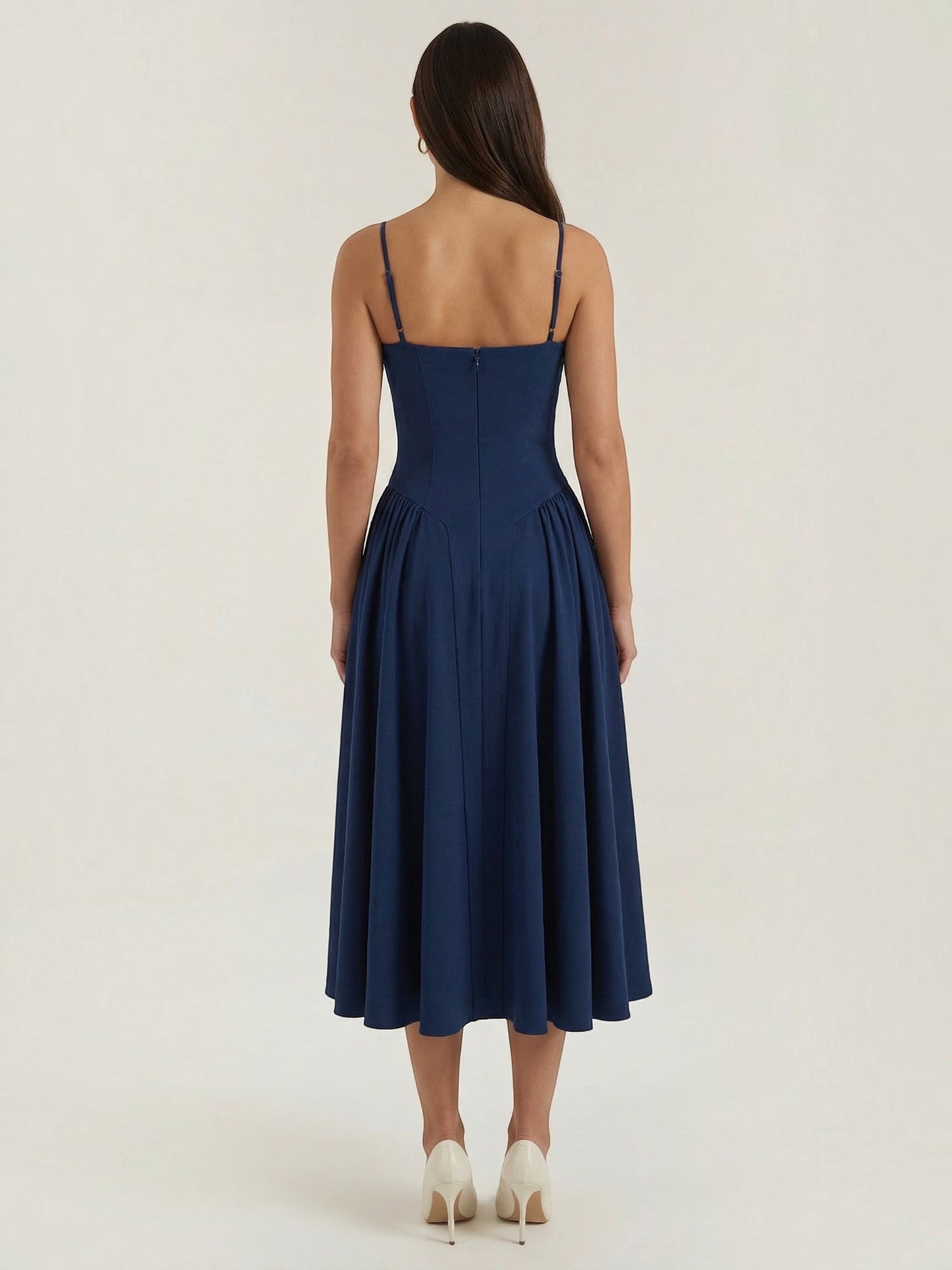 Women's Corset Midi Dress with Structured Bodice and Flowing Skirt