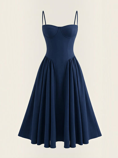 Women's Corset Midi Dress with Structured Bodice and Flowing Skirt