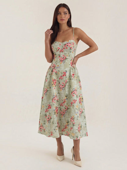Women's Corset Midi Dress with Structured Bodice and Flowing Skirt