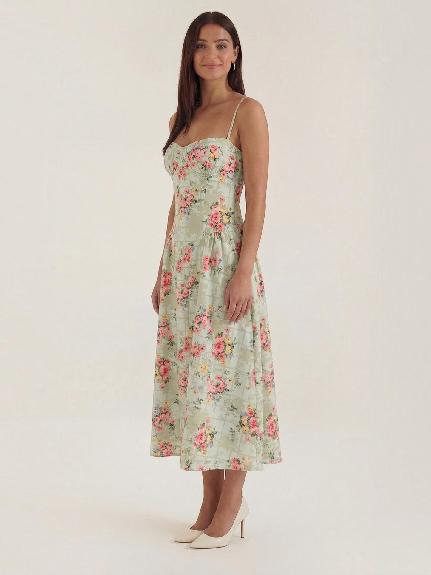 Women's Corset Midi Dress with Structured Bodice and Flowing Skirt