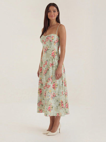 Women's Corset Midi Dress with Structured Bodice and Flowing Skirt