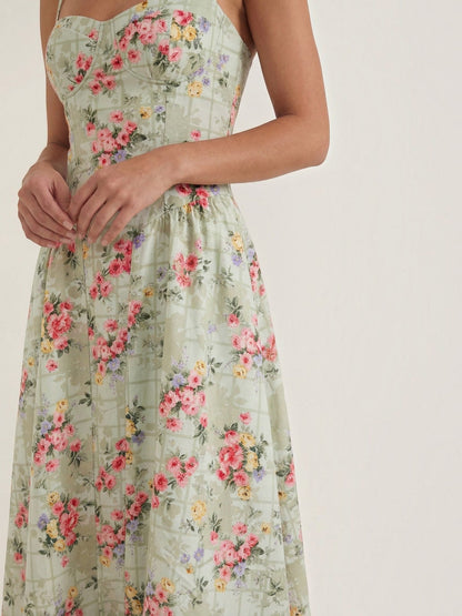 Women's Corset Midi Dress with Structured Bodice and Flowing Skirt