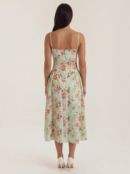 Women's Corset Midi Dress with Structured Bodice and Flowing Skirt