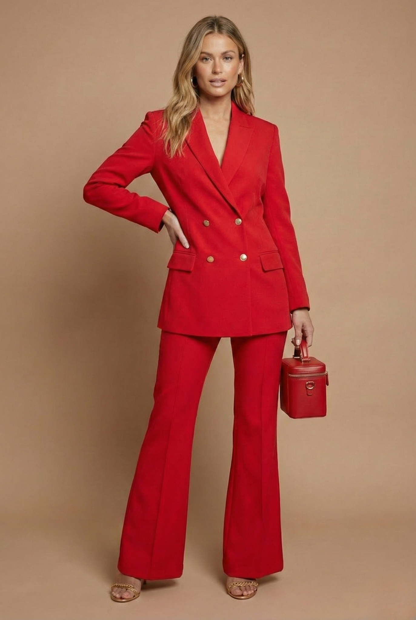 Women's Pant Suit with Double-Breasted Blazer and Flared Trousers