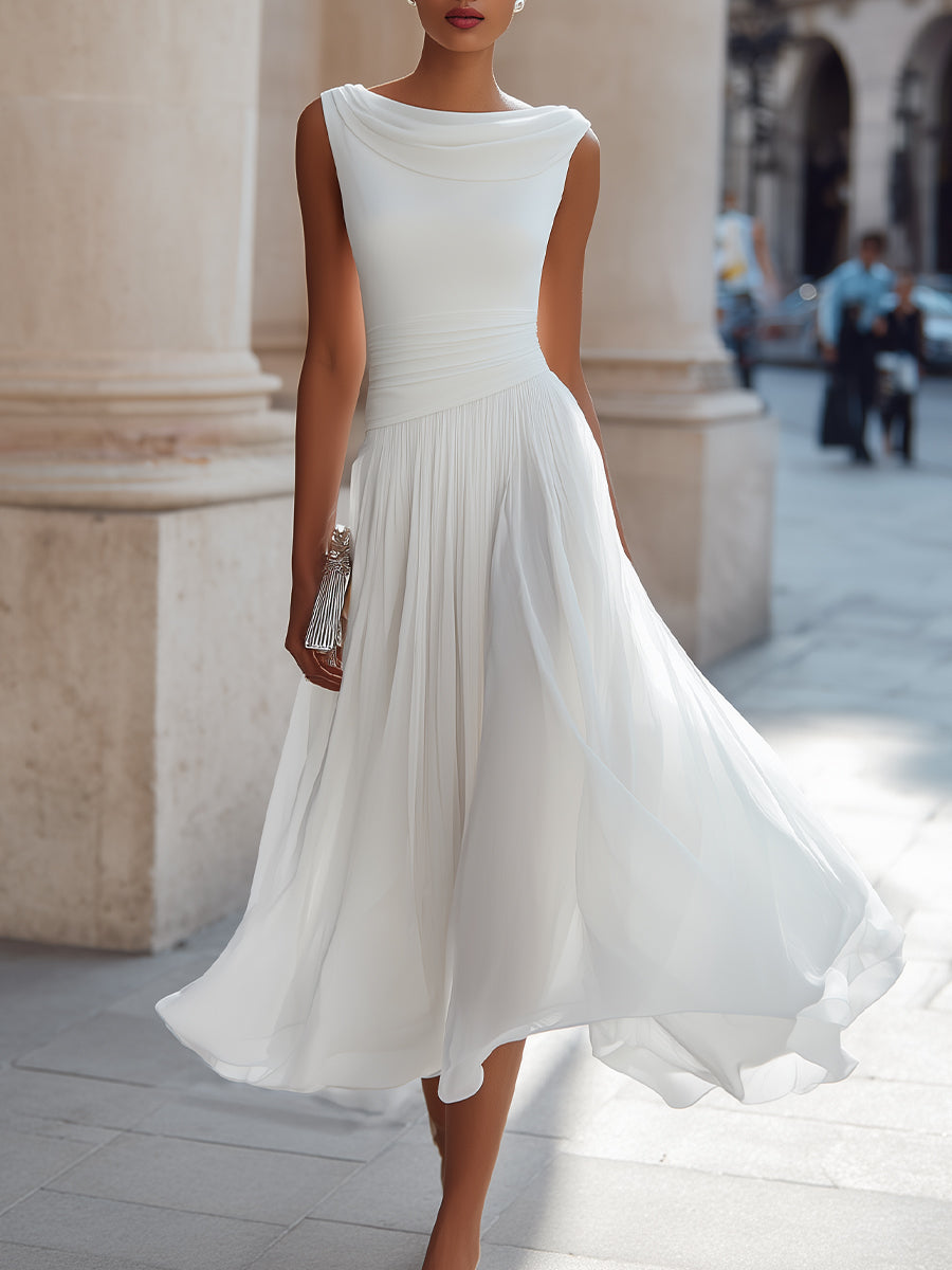 Women's Draped Neck Sleeveless Midi Dress with Pleated Skirt