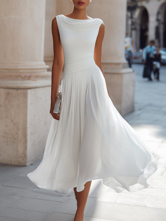 Women's Draped Neck Sleeveless Midi Dress with Pleated Skirt
