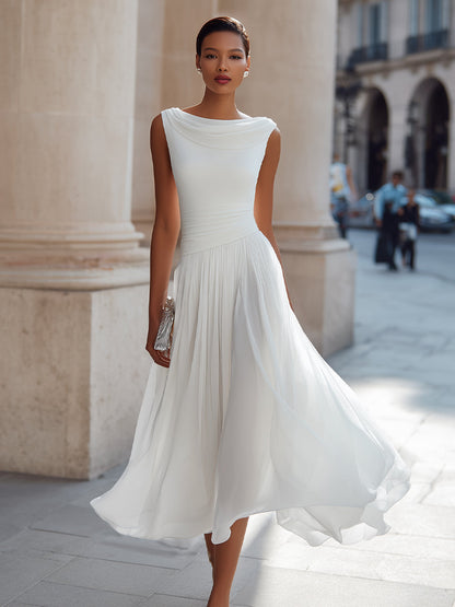 Women's Draped Neck Sleeveless Midi Dress with Pleated Skirt
