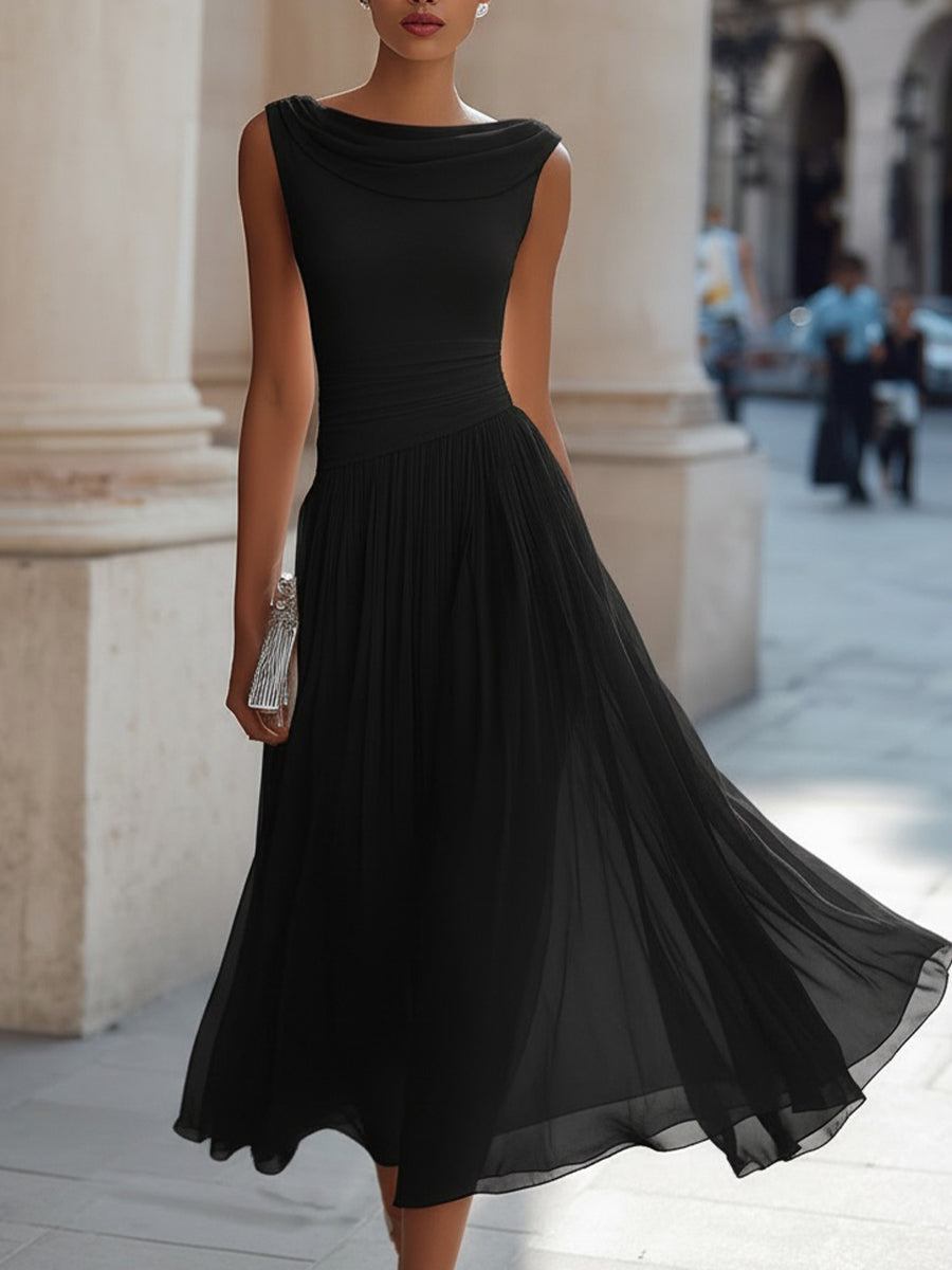 Women's Draped Neck Sleeveless Midi Dress with Pleated Skirt
