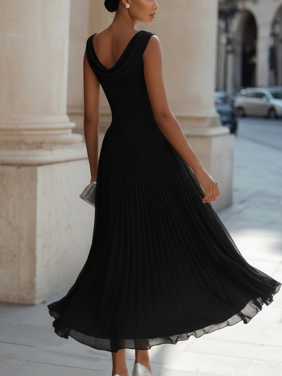 Women's Draped Neck Sleeveless Midi Dress with Pleated Skirt