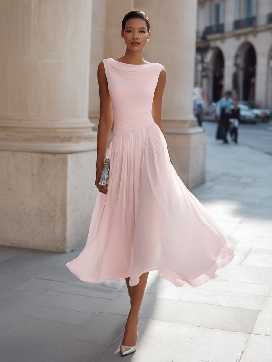 Women's Draped Neck Sleeveless Midi Dress with Pleated Skirt