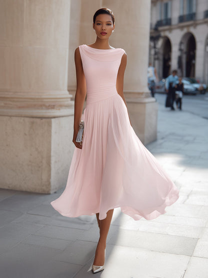 Women's Draped Neck Sleeveless Midi Dress with Pleated Skirt