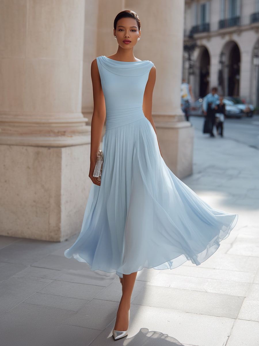 Women's Draped Neck Sleeveless Midi Dress with Pleated Skirt