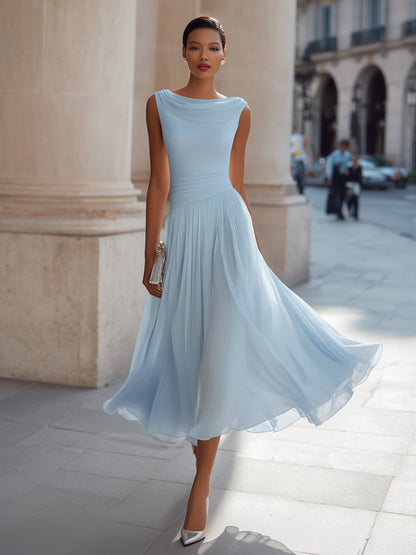 Women's Draped Neck Sleeveless Midi Dress with Pleated Skirt