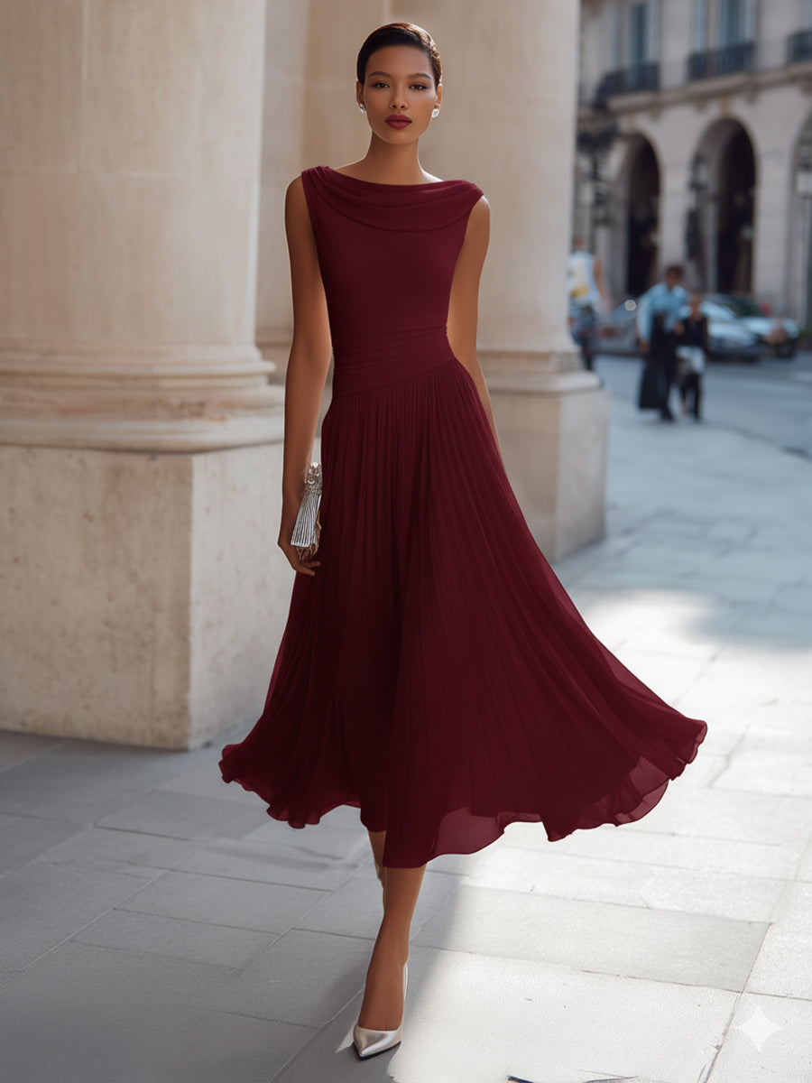 Women's Draped Neck Sleeveless Midi Dress with Pleated Skirt