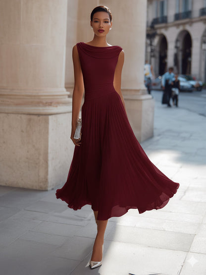 Women's Draped Neck Sleeveless Midi Dress with Pleated Skirt