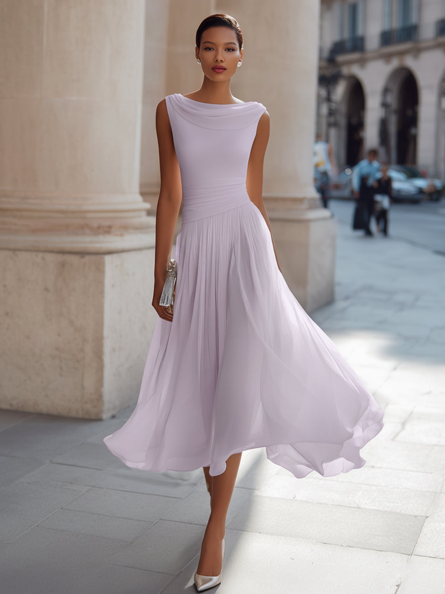 Women's Draped Neck Sleeveless Midi Dress with Pleated Skirt