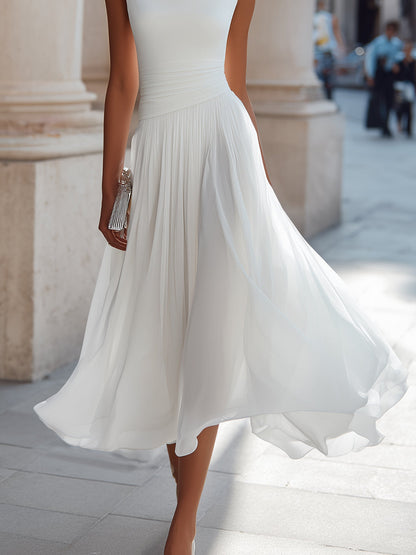 Women's Draped Neck Sleeveless Midi Dress with Pleated Skirt