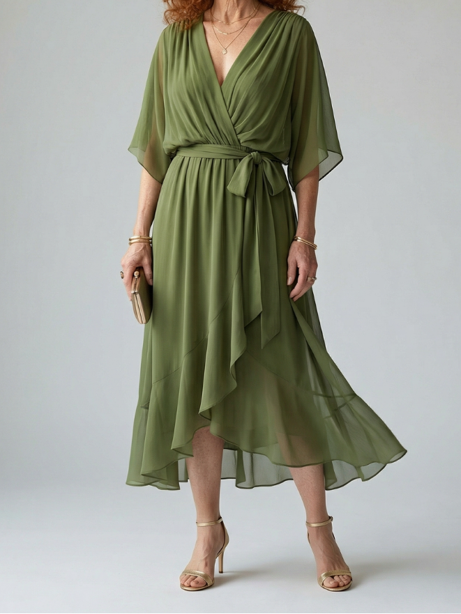 Women's Draped Midi Dress with Elbow Length Sleeves and Tie Waist Detail