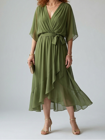 Women's Draped Midi Dress with Elbow Length Sleeves and Tie Waist Detail