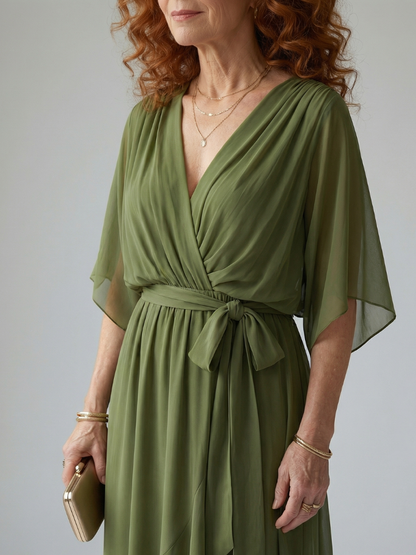 Women's Draped Midi Dress with Elbow Length Sleeves and Tie Waist Detail