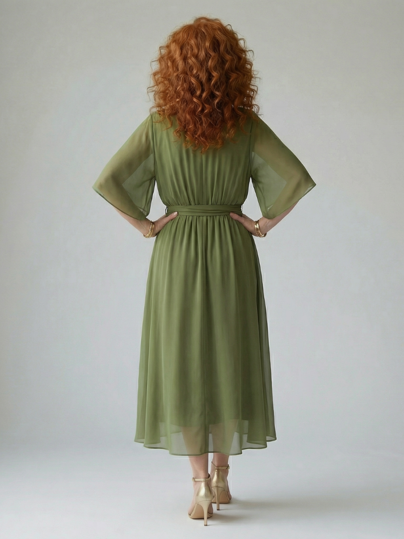 Women's Draped Midi Dress with Elbow Length Sleeves and Tie Waist Detail
