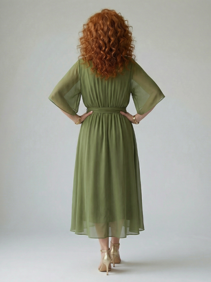 Women's Draped Midi Dress with Elbow Length Sleeves and Tie Waist Detail