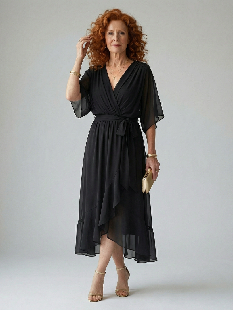 Women's Draped Midi Dress with Elbow Length Sleeves and Tie Waist Detail