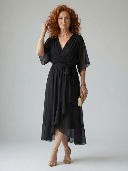 Women's Draped Midi Dress with Elbow Length Sleeves and Tie Waist Detail