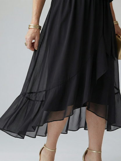 Women's Draped Midi Dress with Elbow Length Sleeves and Tie Waist Detail