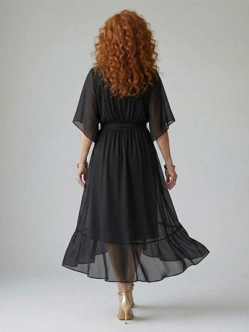 Women's Draped Midi Dress with Elbow Length Sleeves and Tie Waist Detail