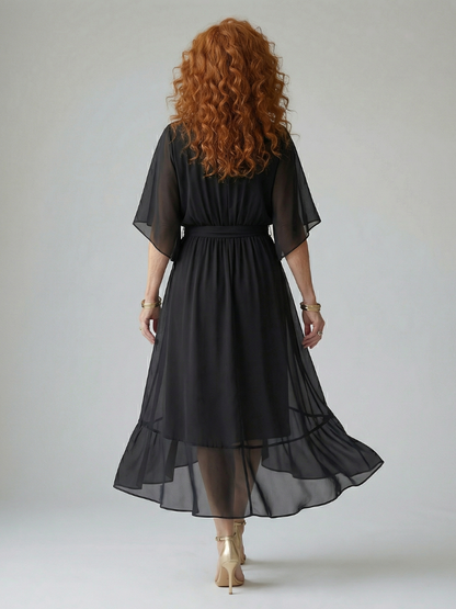 Women's Draped Midi Dress with Elbow Length Sleeves and Tie Waist Detail