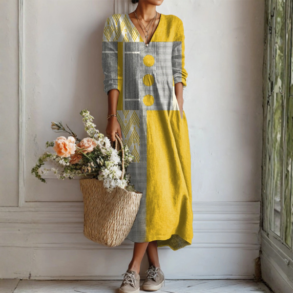 Women's Easygoing Linen Midi Dress with Abstract Print
