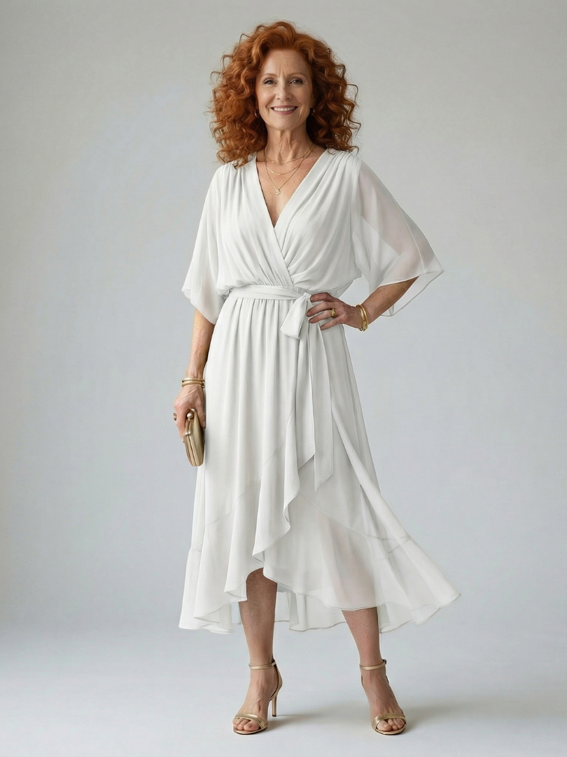 Women's Draped Midi Dress with Elbow Length Sleeves and Tie Waist Detail