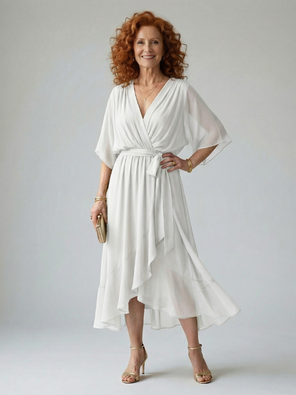 Women's Draped Midi Dress with Elbow Length Sleeves and Tie Waist Detail