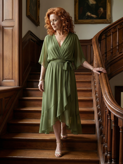 Women's Draped Midi Dress with Elbow Length Sleeves and Tie Waist Detail