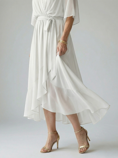 Women's Draped Midi Dress with Elbow Length Sleeves and Tie Waist Detail