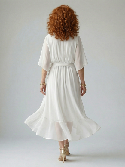 Women's Draped Midi Dress with Elbow Length Sleeves and Tie Waist Detail
