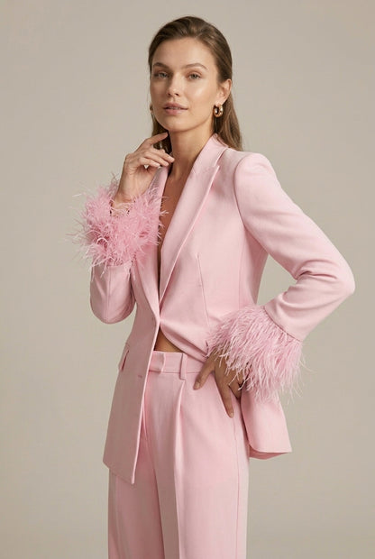 Women's Feather Cuff Blazer and Straight-Leg Trousers Set with Single Button