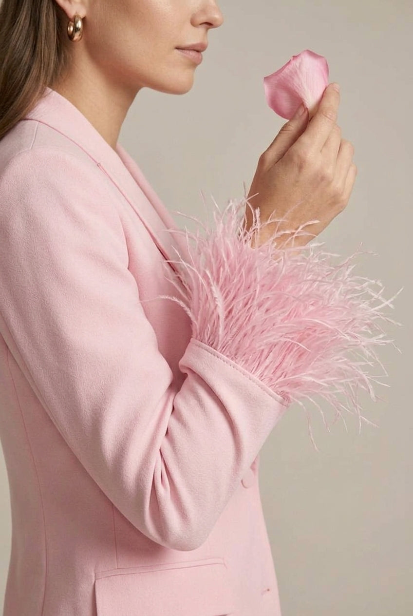 Women's Feather Cuff Blazer and Straight-Leg Trousers Set with Single Button