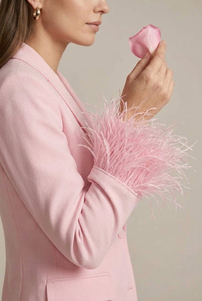 Women's Feather Cuff Blazer and Straight-Leg Trousers Set with Single Button
