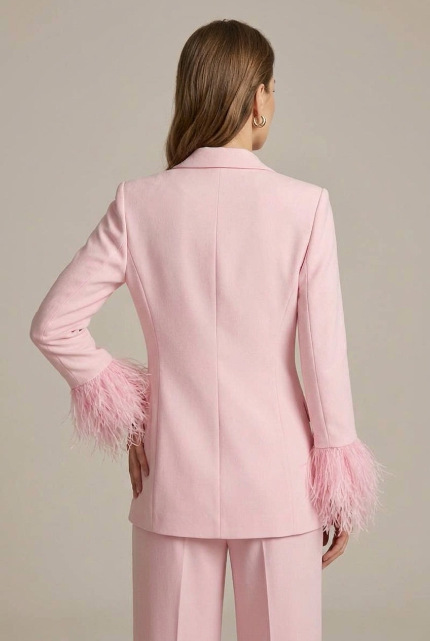 Women's Feather Cuff Blazer and Straight-Leg Trousers Set with Single Button