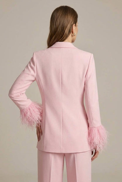 Women's Feather Cuff Blazer and Straight-Leg Trousers Set with Single Button