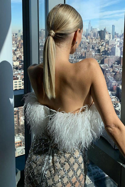 Women's Feather Crop Top and Sequin Skirt Set with Zipper Closures