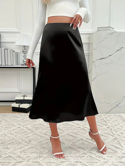 Women's High Waist Flared Satin Midi Skirt with Fluid Drape