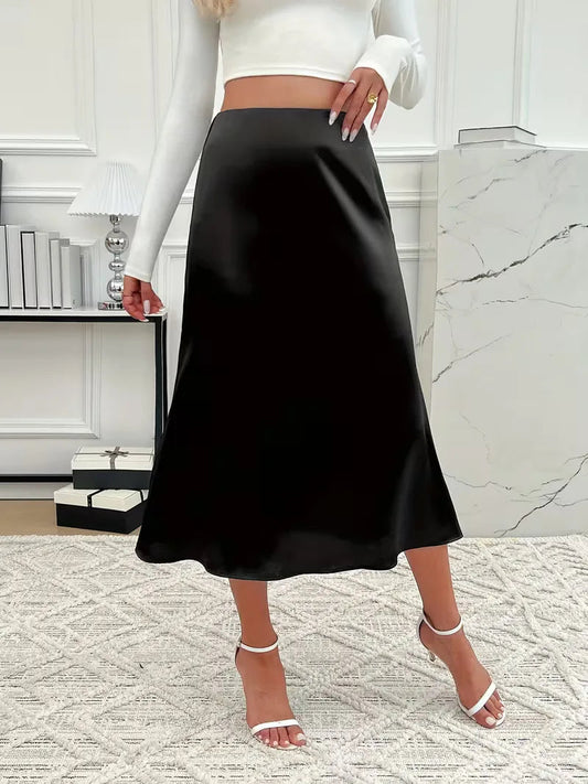 Women's High Waist Flared Satin Midi Skirt with Fluid Drape