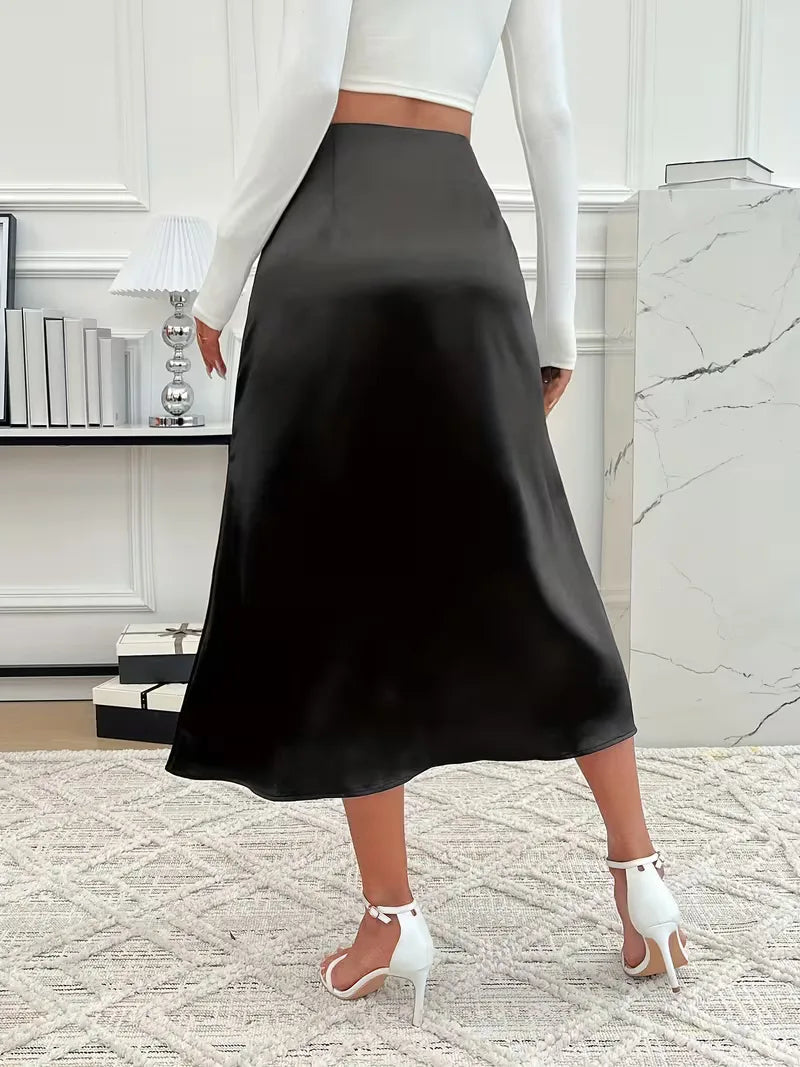 Women's High Waist Flared Satin Midi Skirt with Fluid Drape