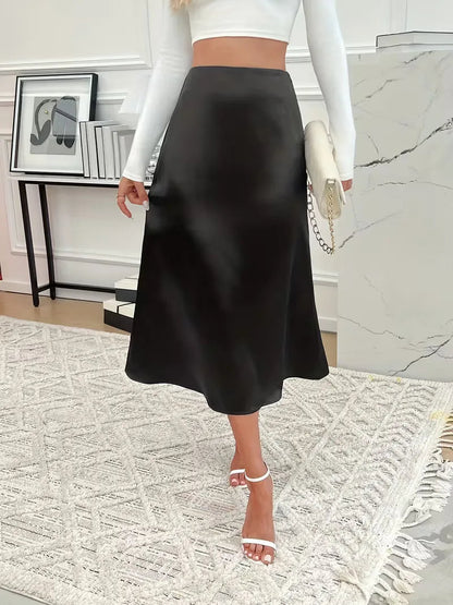 Women's High Waist Flared Satin Midi Skirt with Fluid Drape