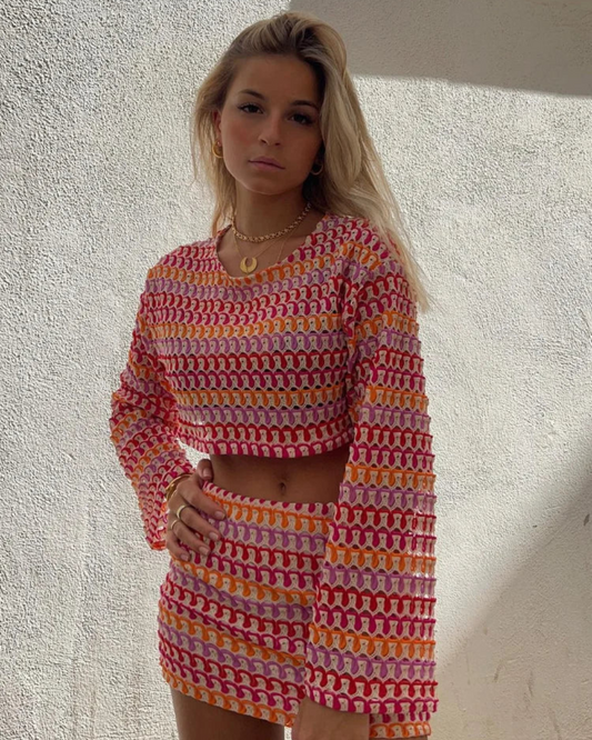 Women's Two-Piece Set with Flared Sleeve Top and Matching Bottoms